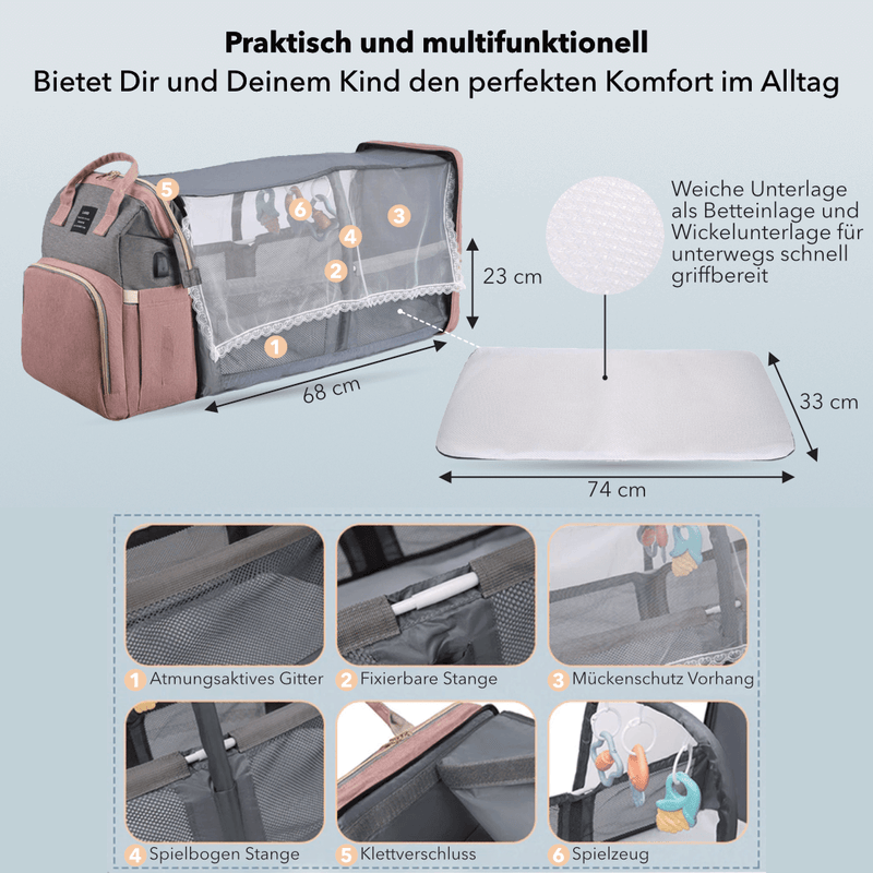 CutieeBag 2.0 - Raffinierte 3 in 1 Wickeltasche mit Kinderbett